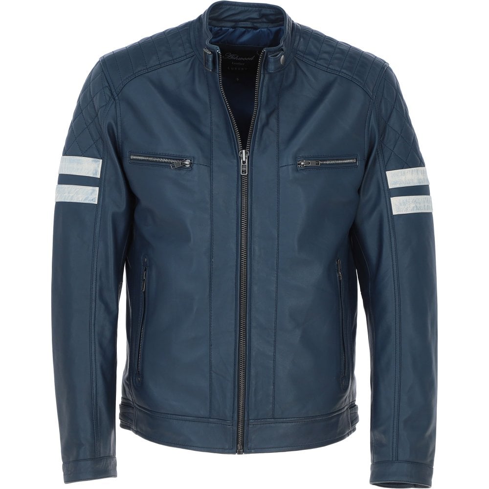 Leather Biker Jacket with Bold Contrasting Stripe Navy