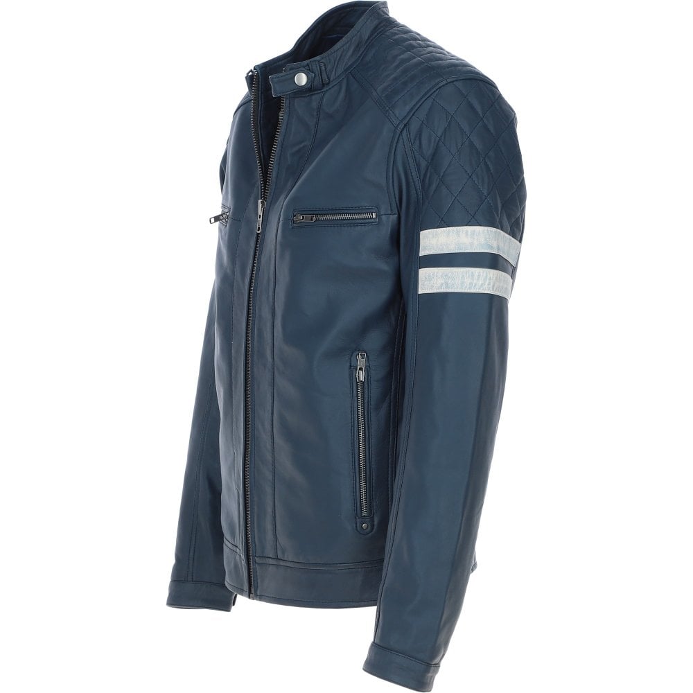 Leather Biker Jacket with Bold Contrasting Stripe Navy