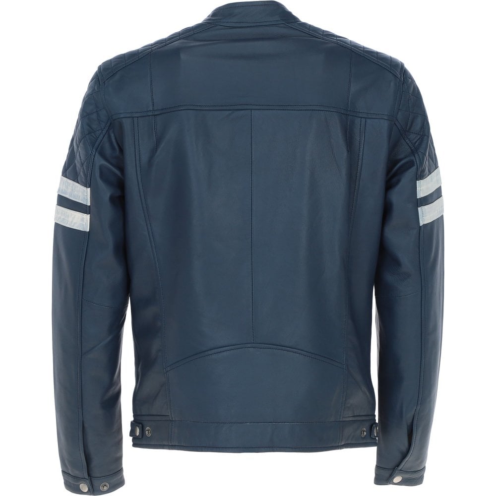 Leather Biker Jacket with Bold Contrasting Stripe Navy