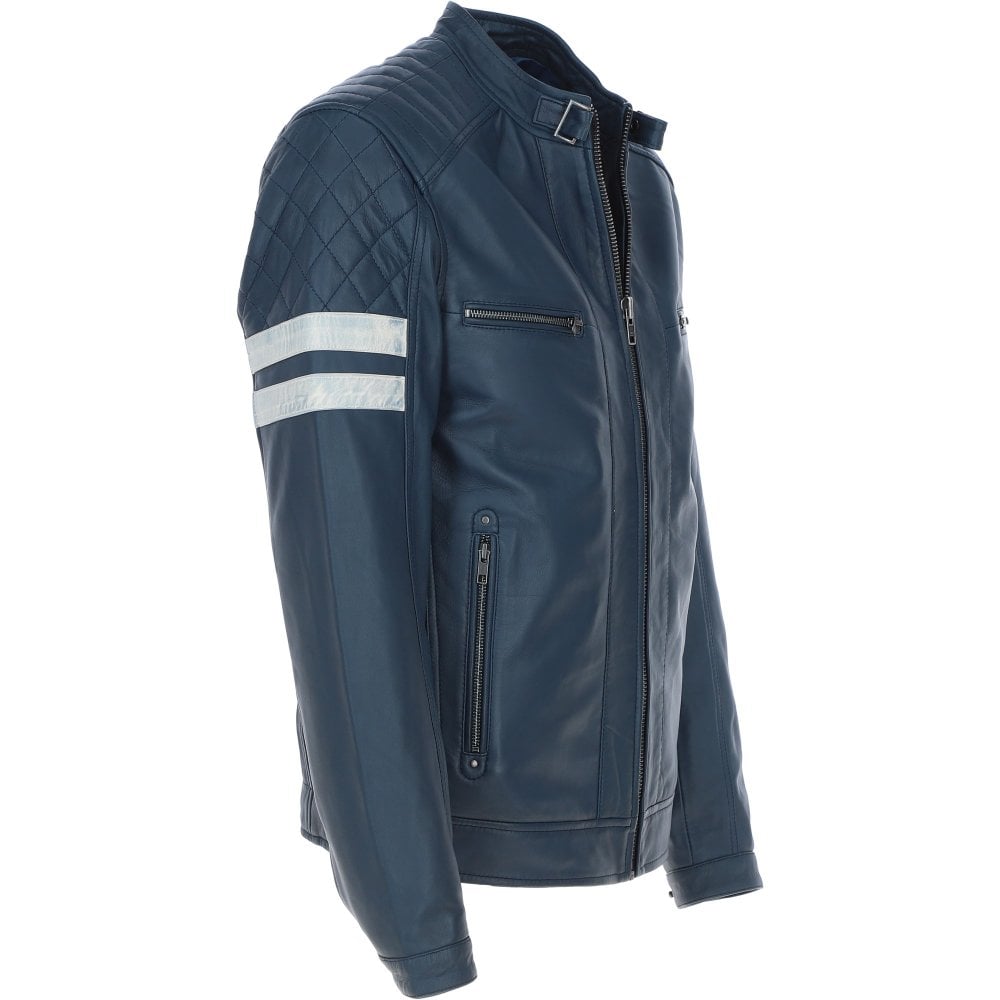 Leather Biker Jacket with Bold Contrasting Stripe Navy