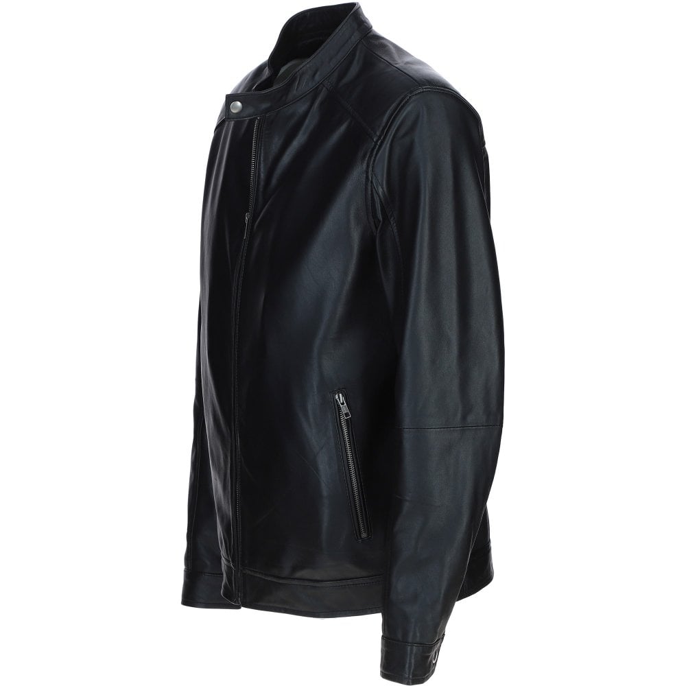 Kingswell Leather Mandarin Collar Biker Jacket Black