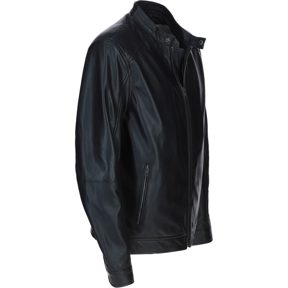 Kingswell Leather Mandarin Collar Biker Jacket Black