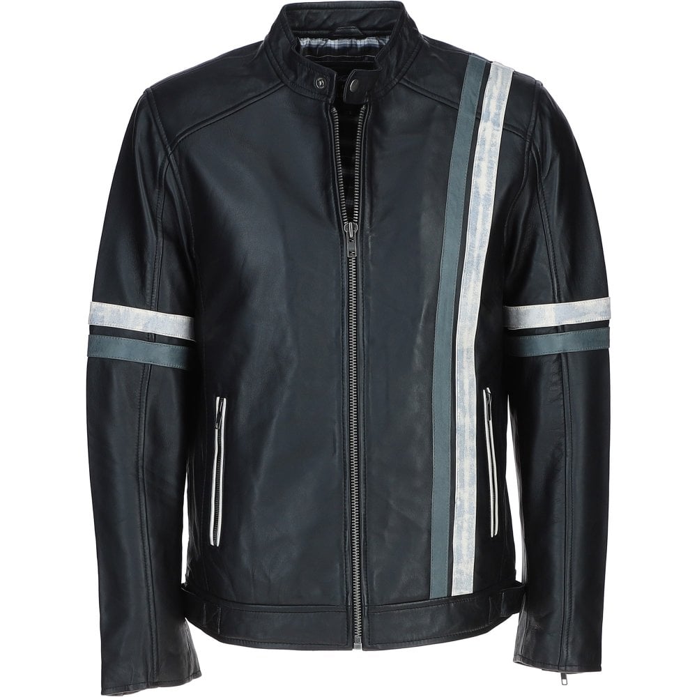 Men's Ashwood Leather Casual Jacket with Contrast Stripes Black