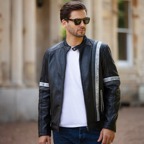Men's Ashwood Leather Casual Jacket with Contrast Stripes Black