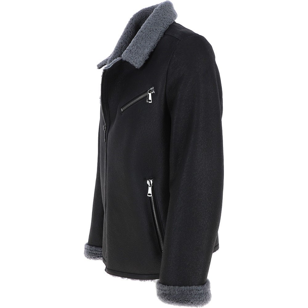 Men's Side Zip Sheepskin Pilot Jacket Black
