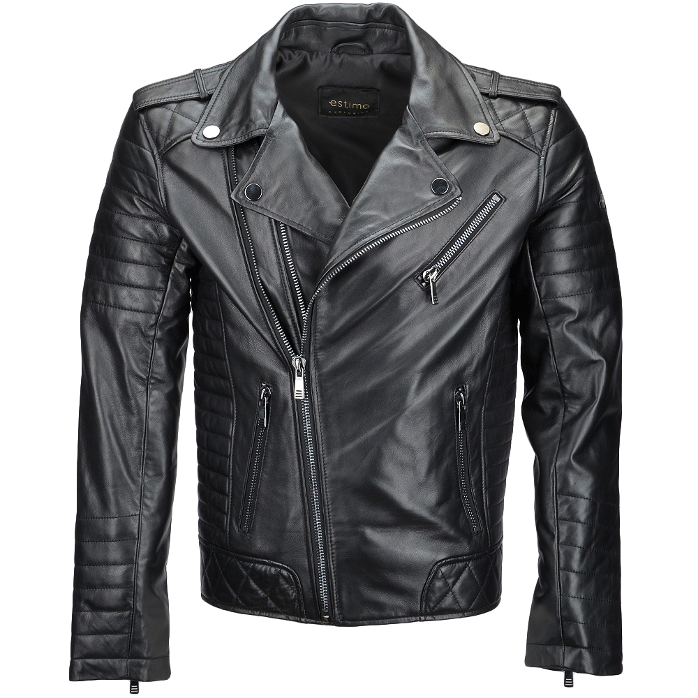 Side Zip Ribbed Leather Biker Jacket Black