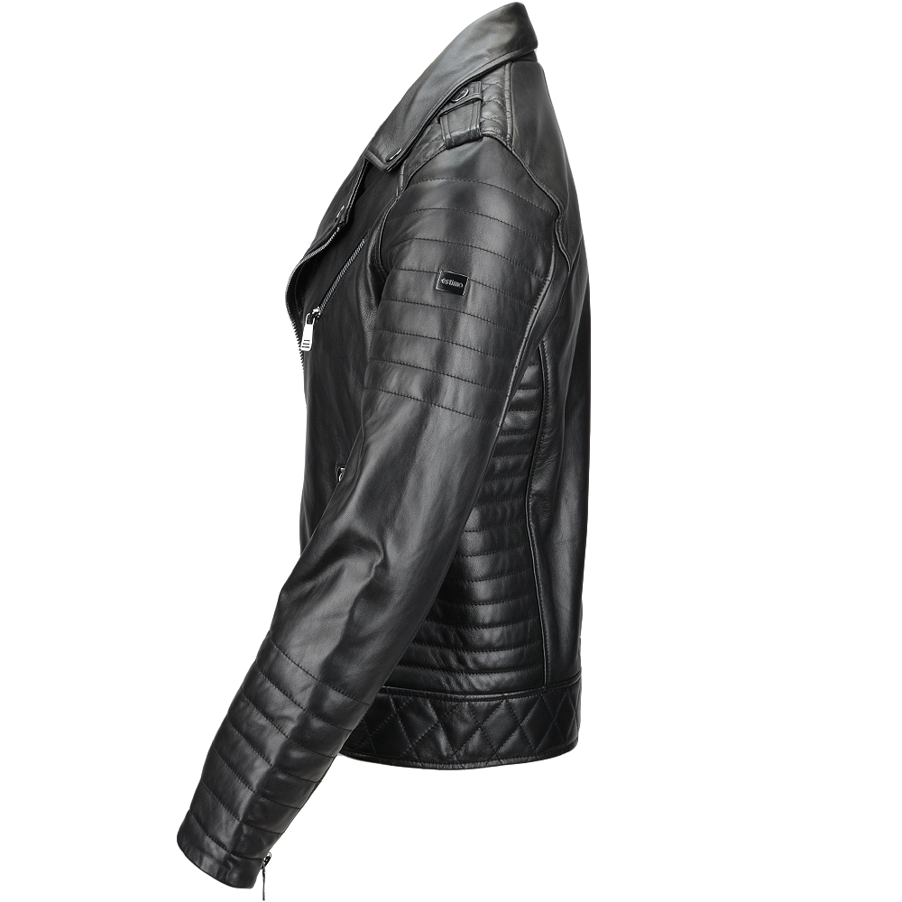 Side Zip Ribbed Leather Biker Jacket Black
