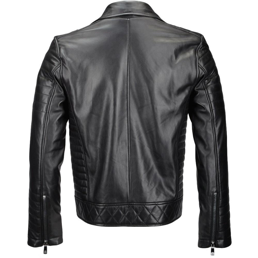 Side Zip Ribbed Leather Biker Jacket Black
