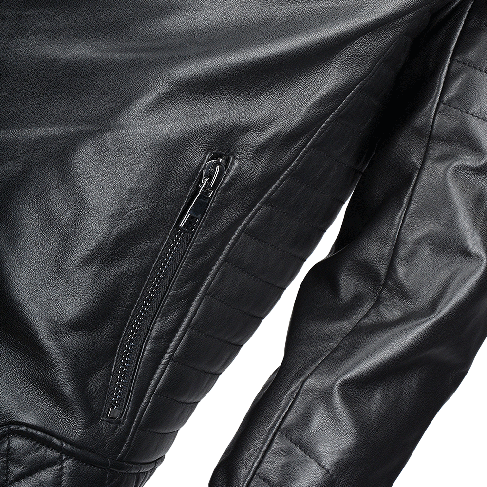 Side Zip Ribbed Leather Biker Jacket Black
