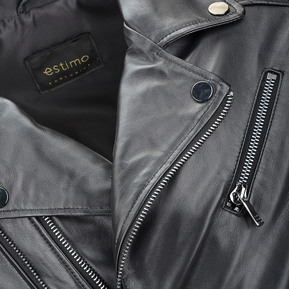 Side Zip Ribbed Leather Biker Jacket Black