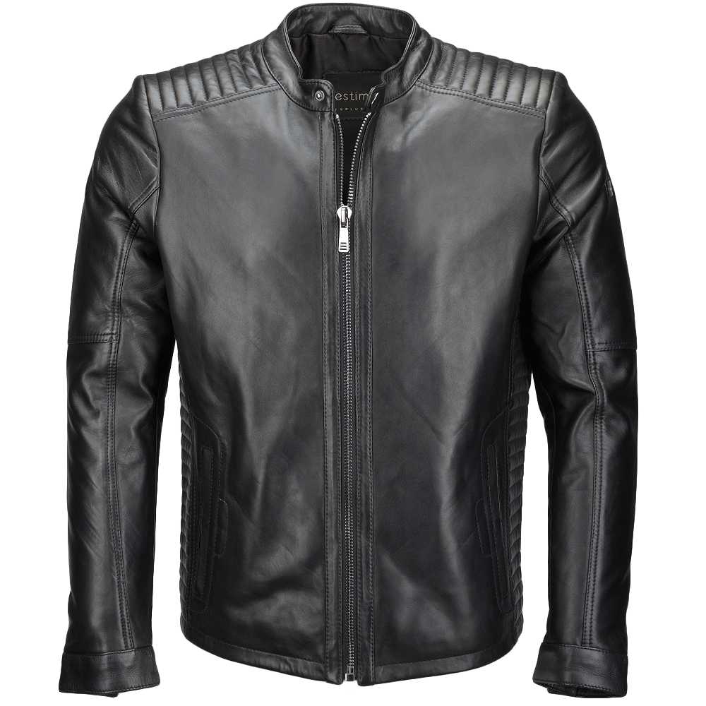 Vegetable Tanned Leather Ribbed Biker Jacket Black