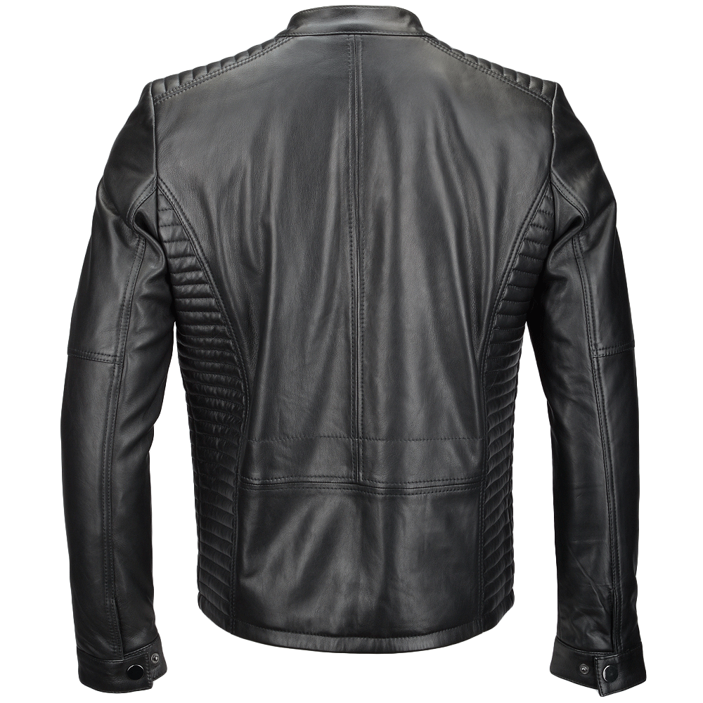 Vegetable Tanned Leather Ribbed Biker Jacket Black