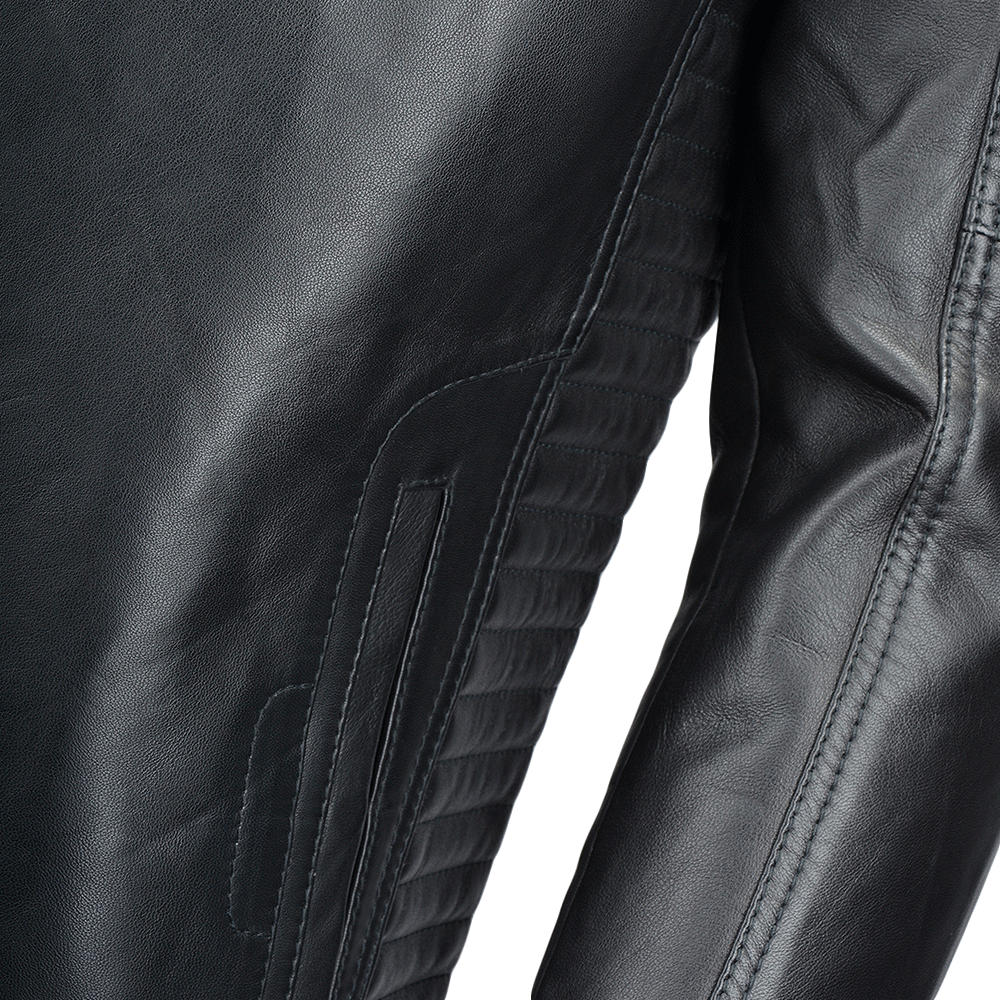 Vegetable Tanned Leather Ribbed Biker Jacket Black