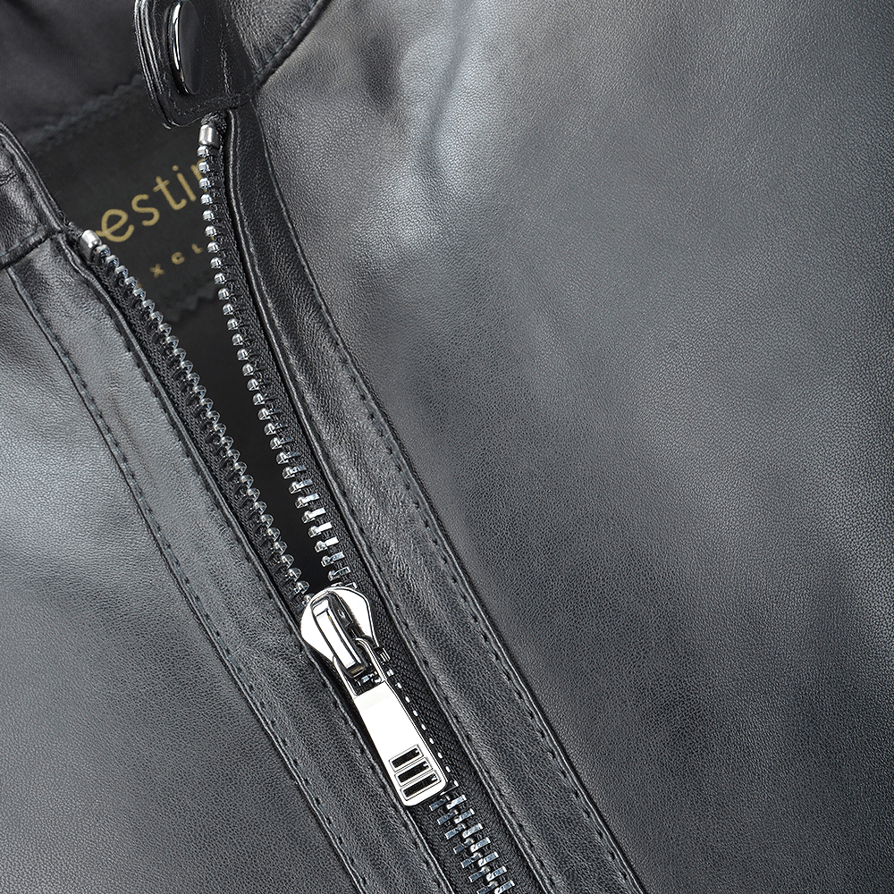 Vegetable Tanned Leather Ribbed Biker Jacket Black