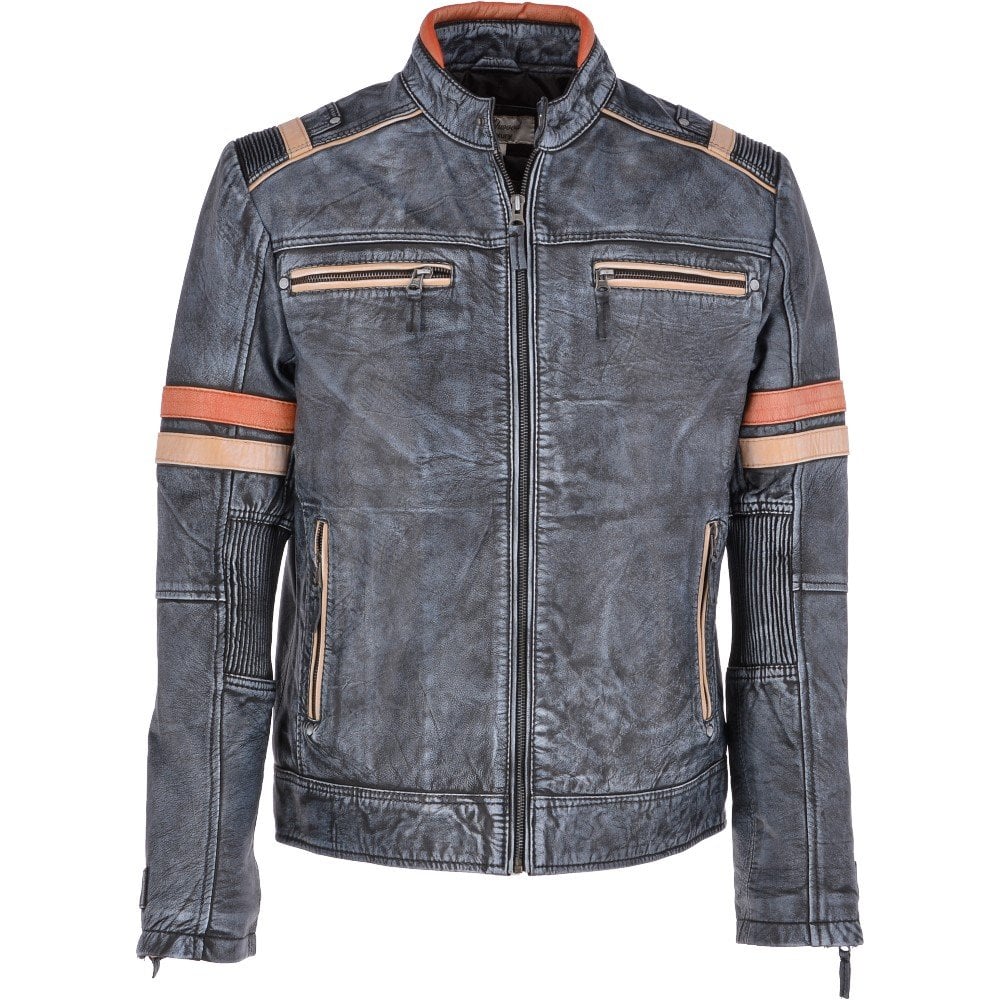 Kingswell Vintage Leather Biker Jacket Blue/ Black